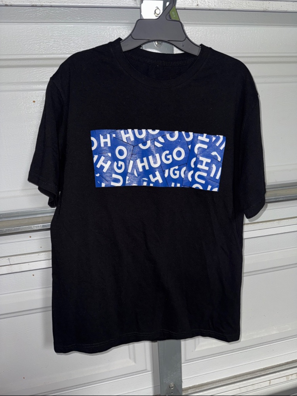 HUGO Black Tee with Blue Logo Panel